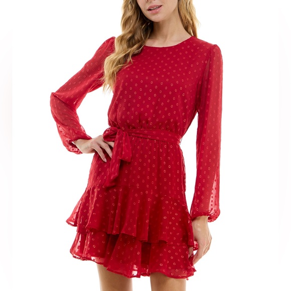 Juniors' Clip-Dot Ruffled Fit & Flare Dress - Picture 2 of 6
